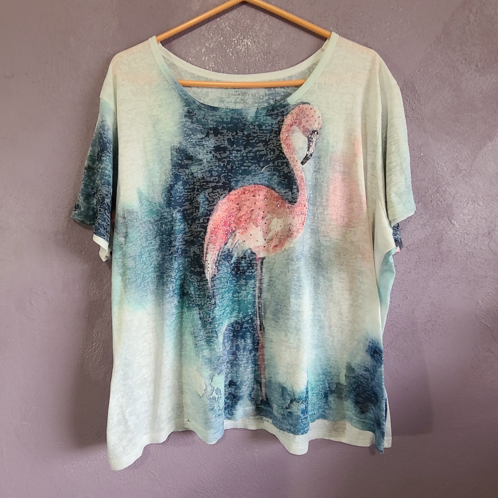 Catalog Favorites T-Shirt Women 3X Blue Watercolor Flamingo Pink Rhinestone